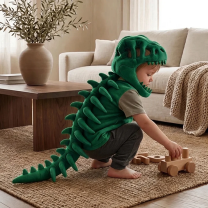 Capuche peluche crâne de dinosaure pour enfant, coloris vert, vue de dos avec la colonne squelette