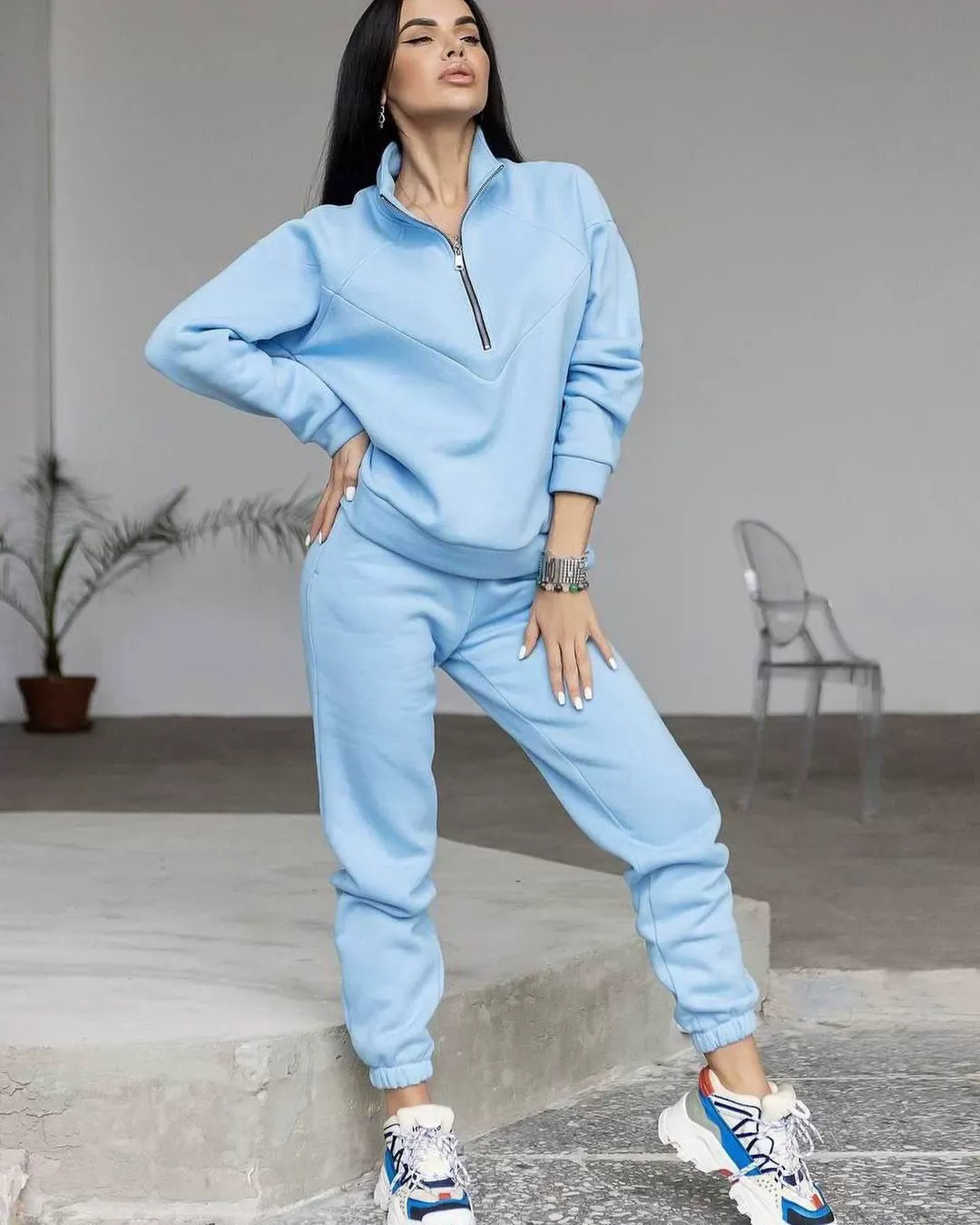Ensemble de Survêtement Femme avec Sweat Demi-Zip et Jogger