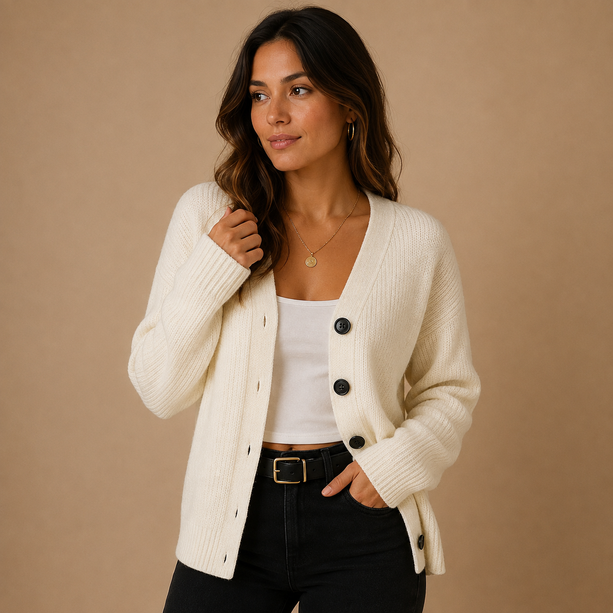 Gilet maille col V femme, vue portée ouverte
