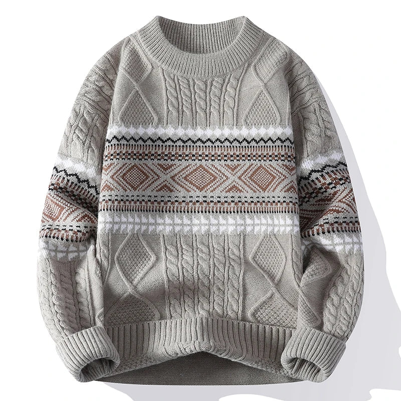 Pull en Polyester à Torsades et Motif Géométrique Hivernal