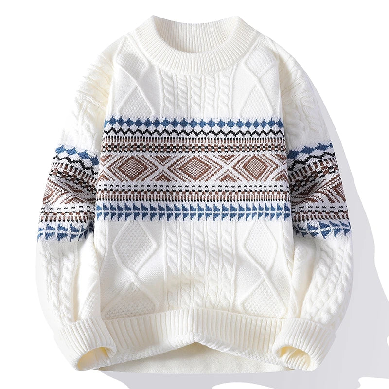 Pull en Polyester à Torsades et Motif Géométrique Hivernal