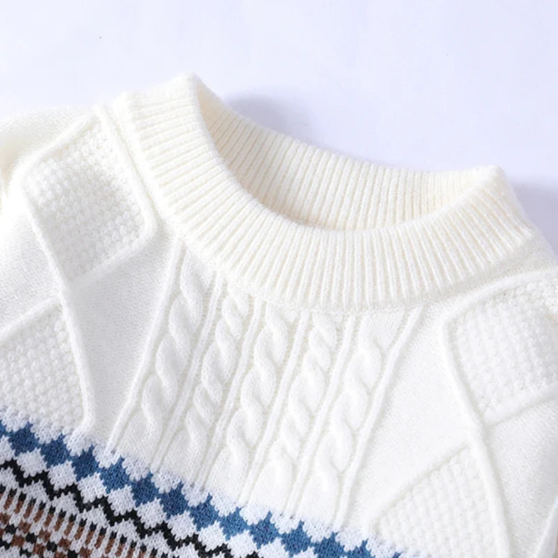 Pull en Polyester à Torsades et Motif Géométrique Hivernal