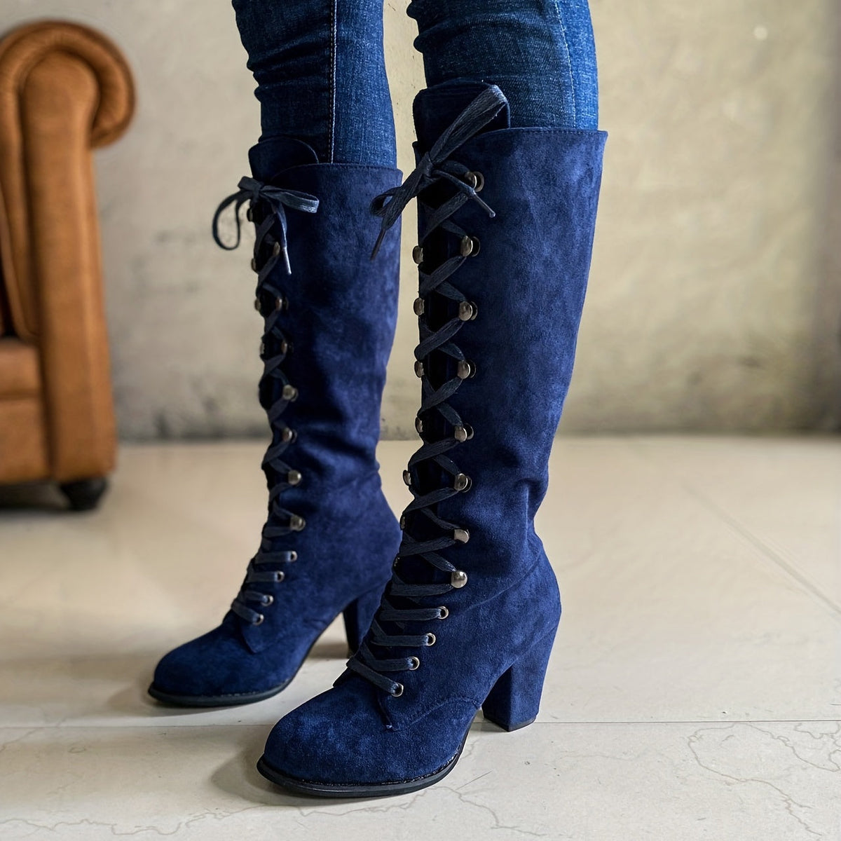 Bottes en daim pour femme avec lacets et talon moyen