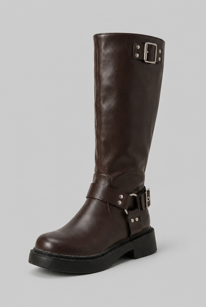 Bottes Biker Haut de Gamme à Boucle - Cuir et Look Épuré