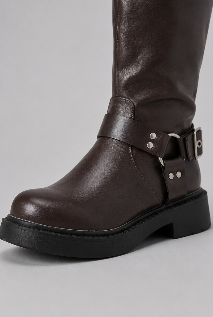 Bottes Biker Haut de Gamme à Boucle - Cuir et Look Épuré