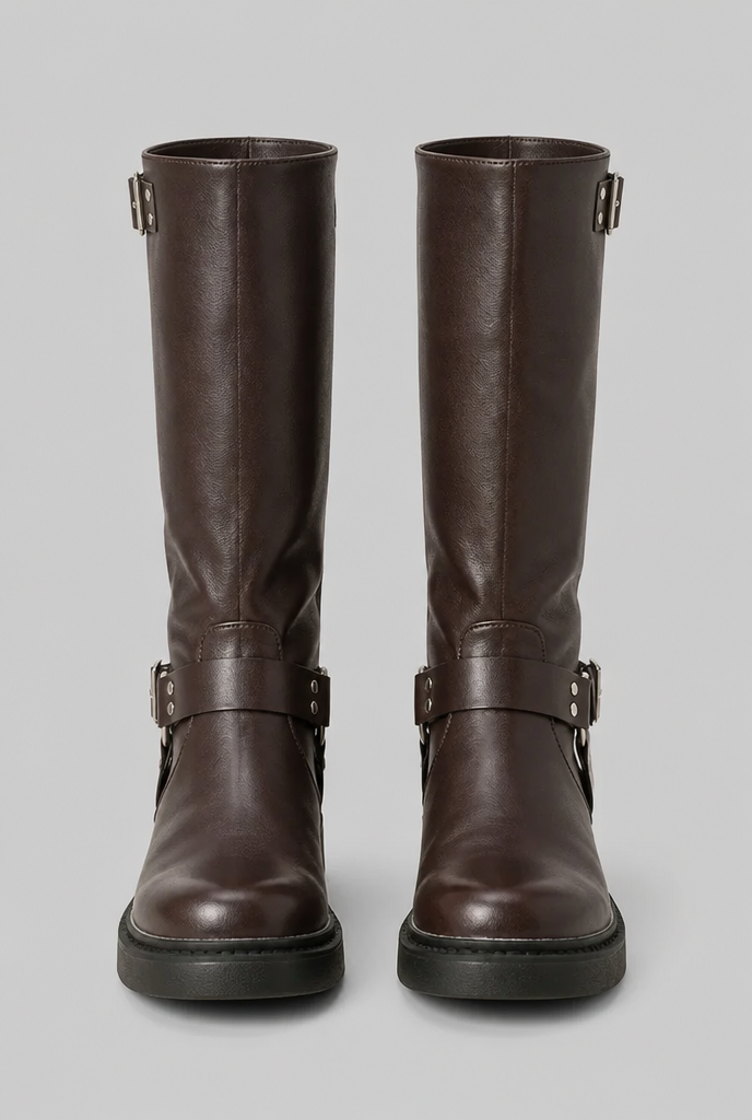 Bottes Biker Haut de Gamme à Boucle - Cuir et Look Épuré