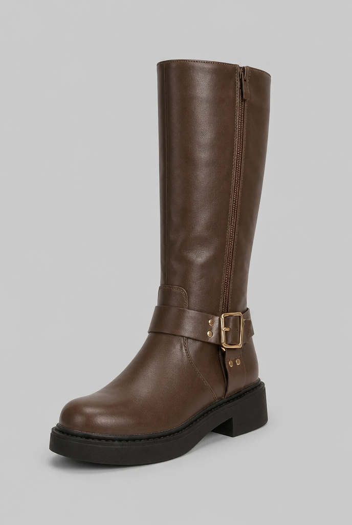 Bottes Biker Haut de Gamme à Boucle - Cuir et Look Épuré