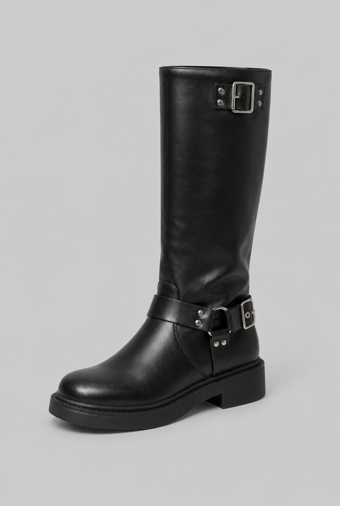 Bottes Biker Haut de Gamme à Boucle - Cuir et Look Épuré