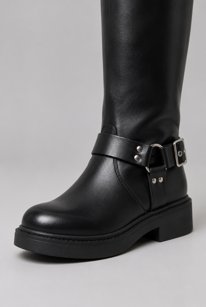 Bottes Biker Haut de Gamme à Boucle - Cuir et Look Épuré