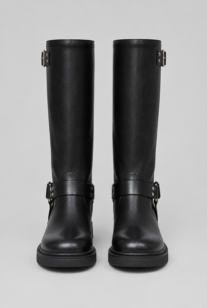 Bottes Biker Haut de Gamme à Boucle - Cuir et Look Épuré