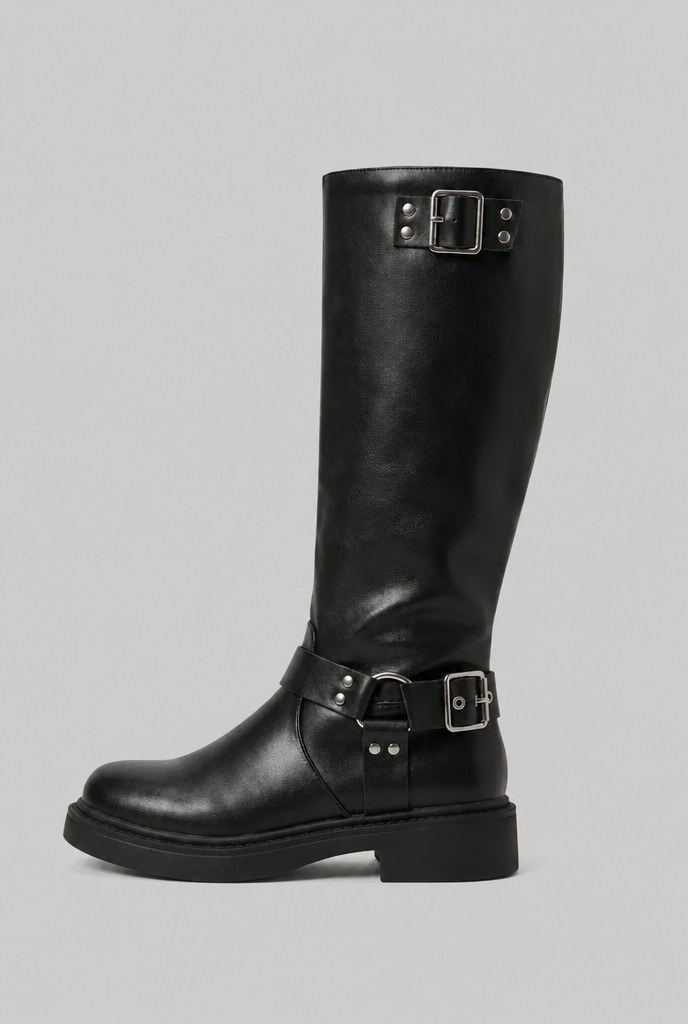 Bottes Biker Haut de Gamme à Boucle - Cuir et Look Épuré