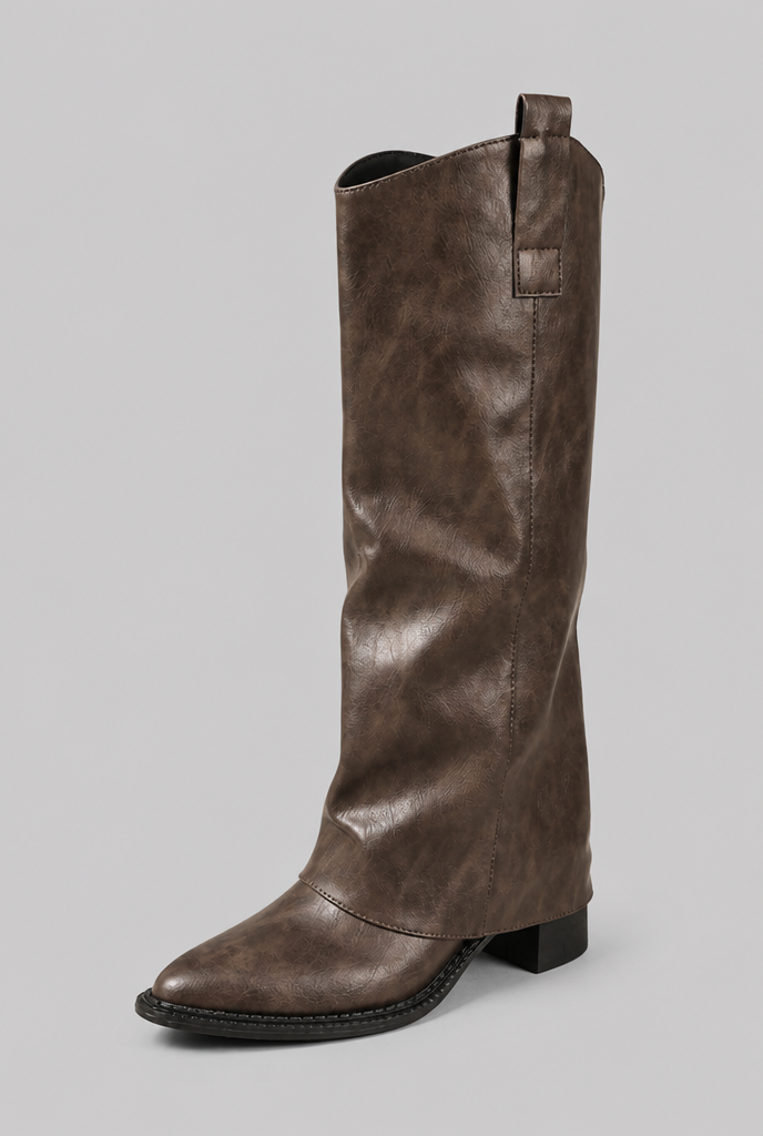 Bottes en cuir fausses genou hautes décontractées avec talon bloc