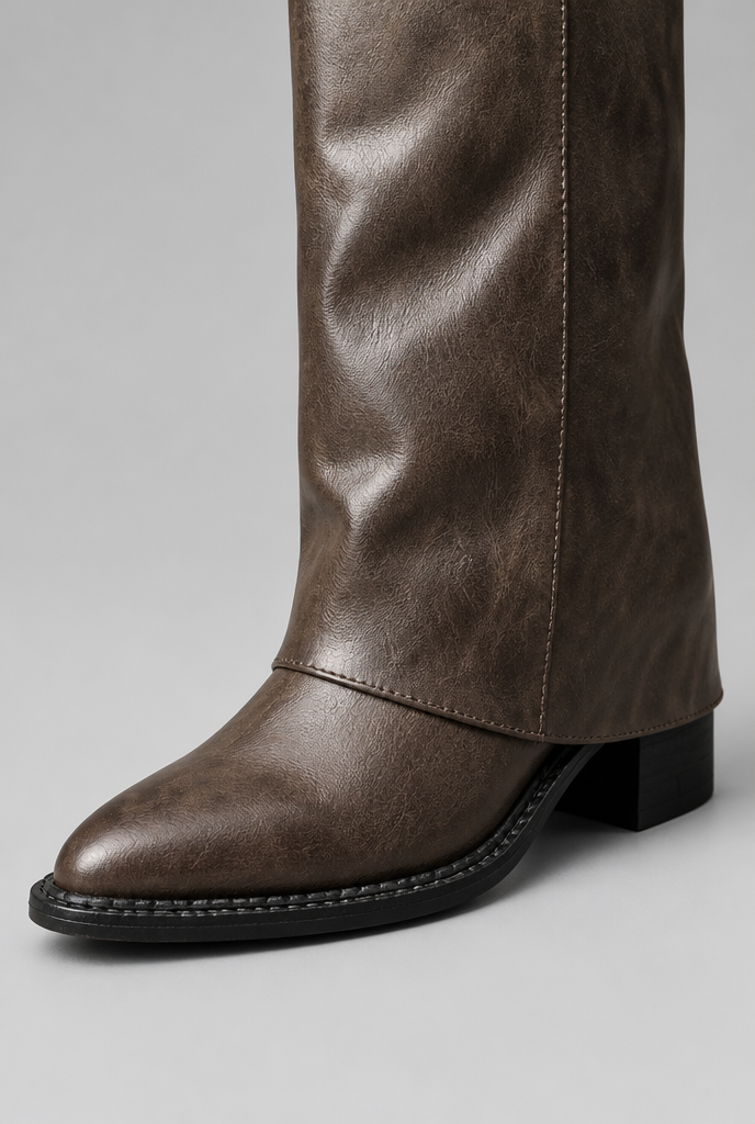 Bottes en cuir fausses genou hautes décontractées avec talon bloc