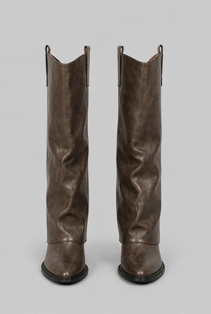 Bottes en cuir fausses genou hautes décontractées avec talon bloc