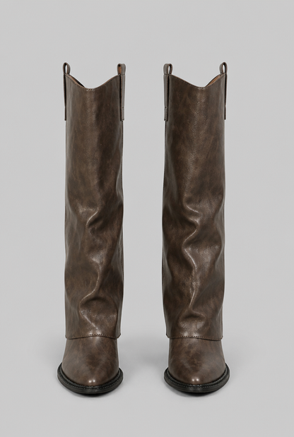 Bottes en cuir fausses genou hautes décontractées avec talon bloc