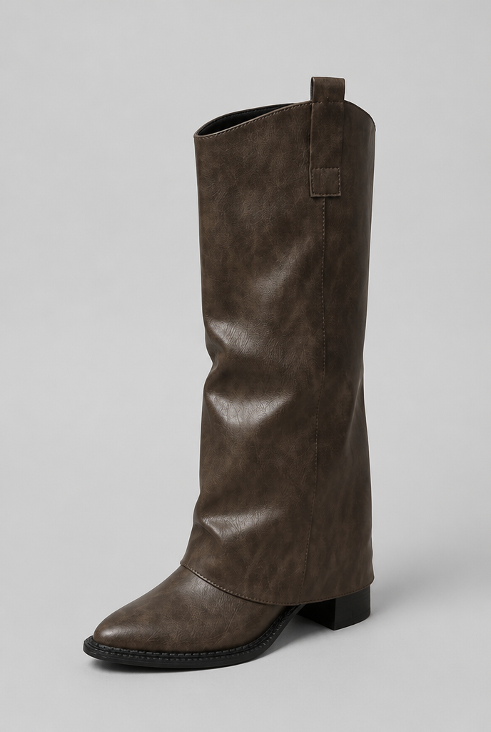 Bottes en cuir fausses genou hautes décontractées avec talon bloc