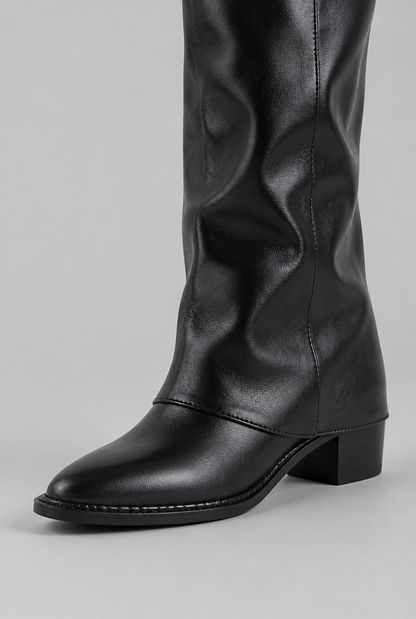 Bottes en cuir fausses genou hautes décontractées avec talon bloc