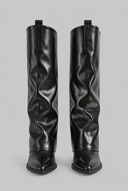 Bottes en cuir fausses genou hautes décontractées avec talon bloc