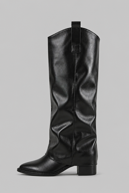 Bottes en cuir fausses genou hautes décontractées avec talon bloc
