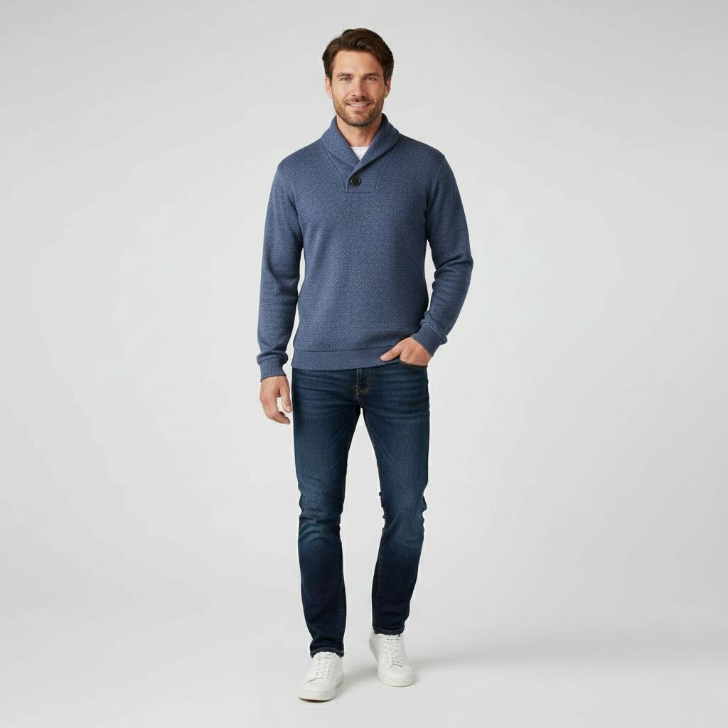 Pull ajusté en coton pour homme avec col montant boutonné, vue de face