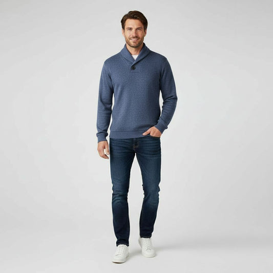 Pull ajusté en coton pour homme avec col montant boutonné, vue de face