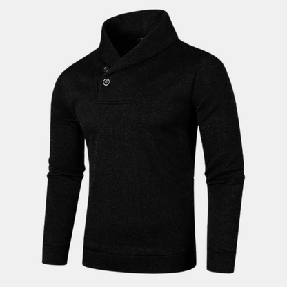 Détail du col montant boutonné du pull en coton pour homme