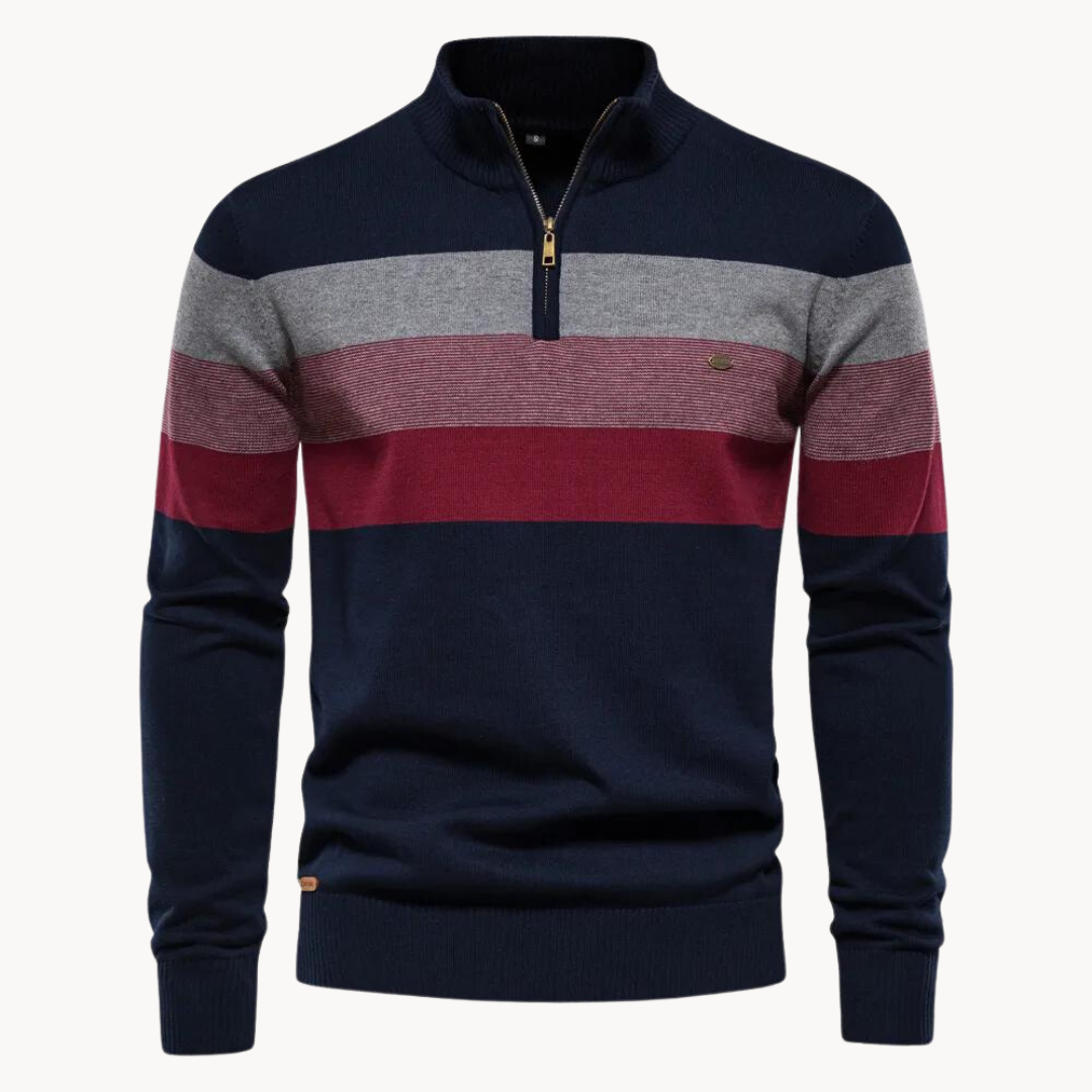 Détail du col zippé et du motif géométrique du pull homme