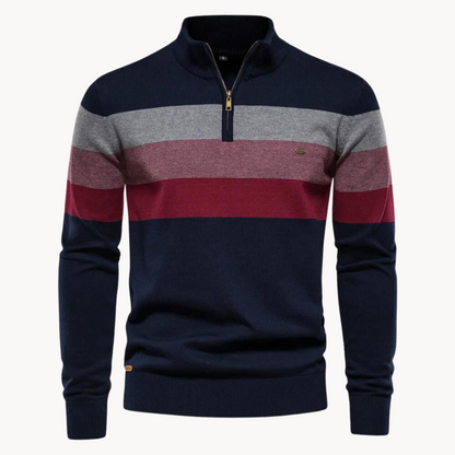 Détail du col zippé et du motif géométrique du pull homme