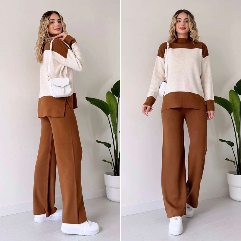Pull color-block femme en situation, tenue décontractée