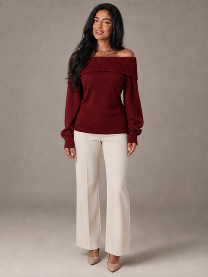 pull-over femme épaule dévoilée, manche longue avec poignet plissé