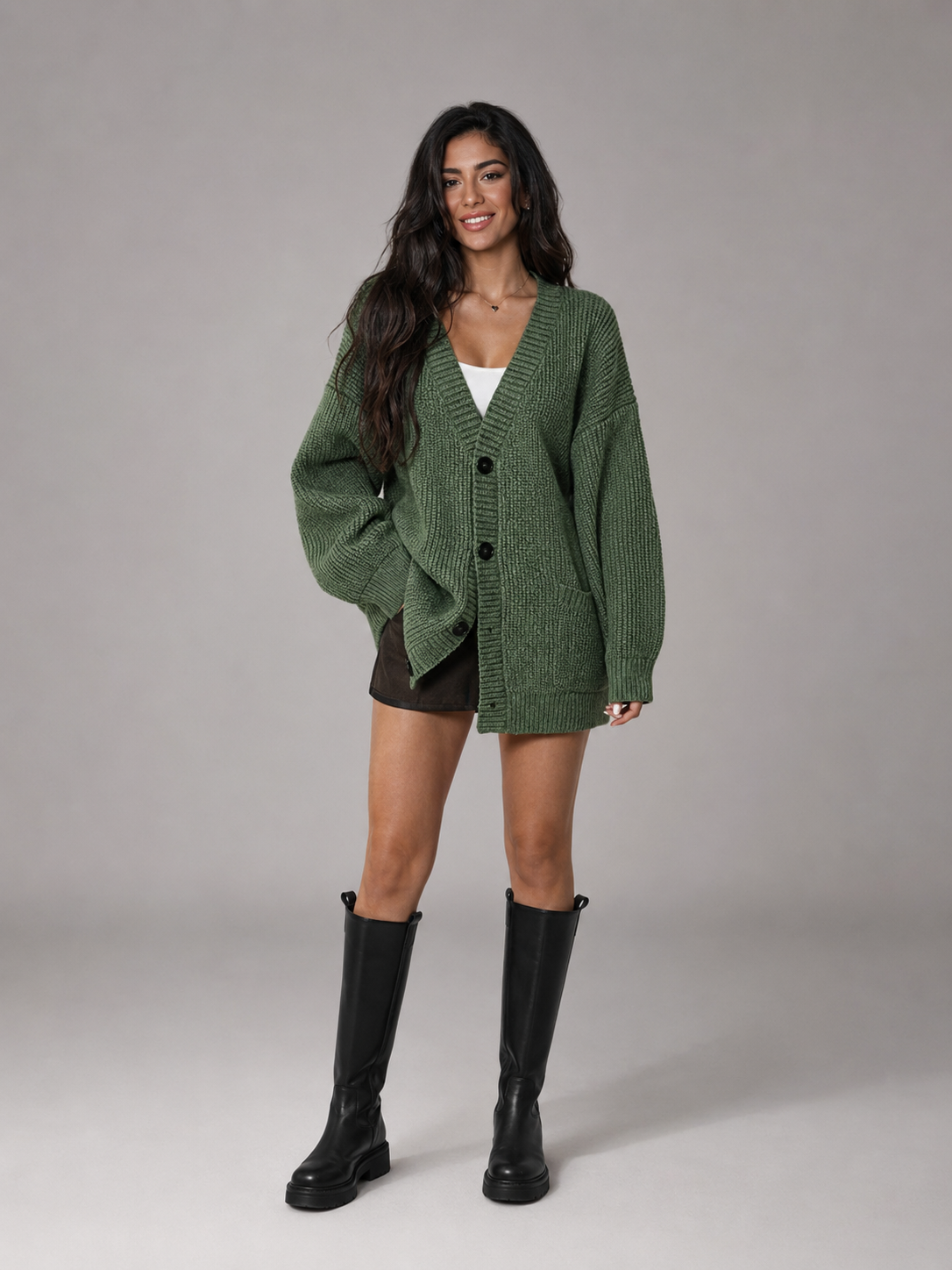 Cardigan oversize vert en maille épaisse avec col V, vue de face