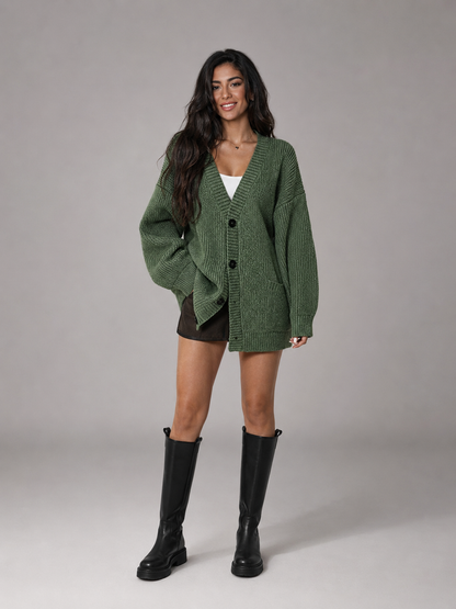 Cardigan oversize vert en maille épaisse avec col V, vue de face
