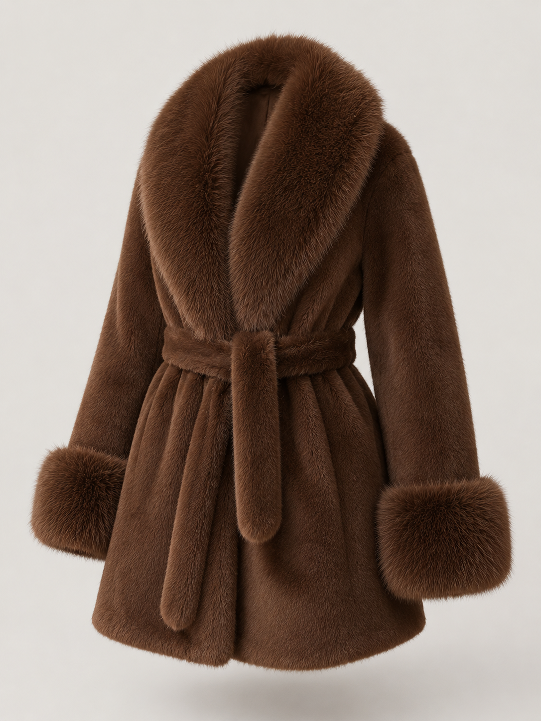 manteau femme à ceinture avec col en fausse fourrure, vue avant
