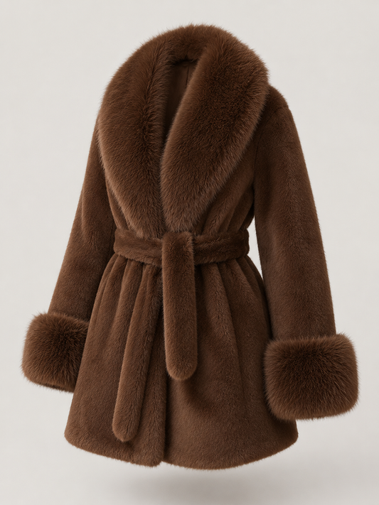 manteau femme à ceinture avec col en fausse fourrure, vue avant