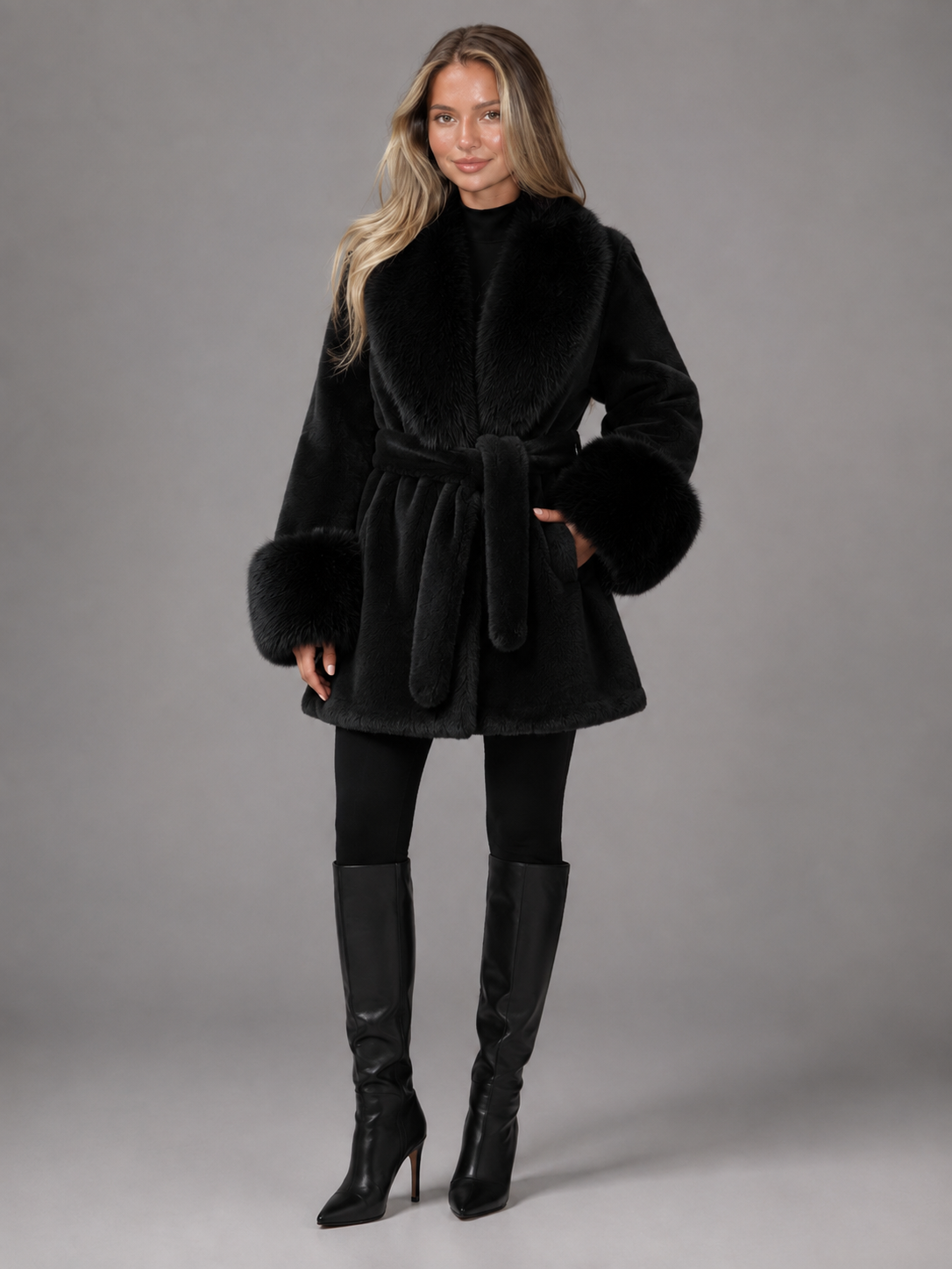 manteau femme à ceinture avec col en fausse fourrure, détail du col