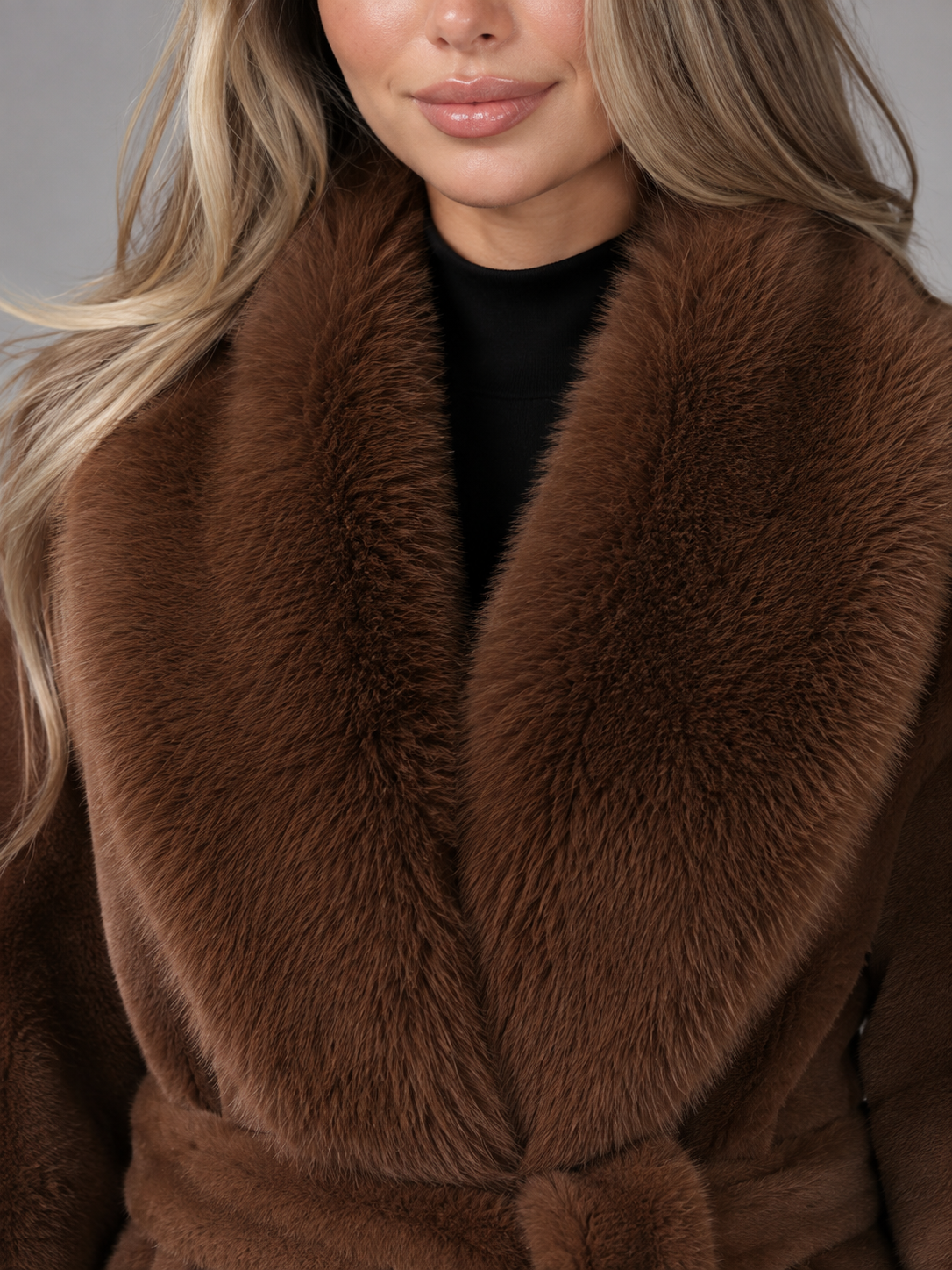 manteau femme à ceinture avec col en fausse fourrure, détail de la manche