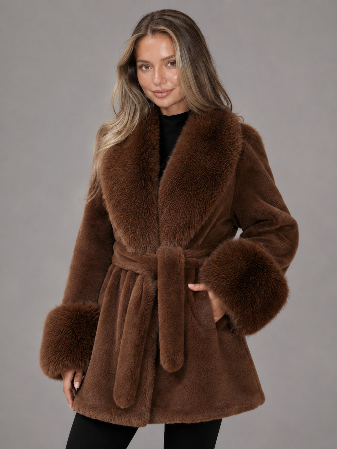 manteau femme à ceinture avec col en fausse fourrure, vue de face avec modèle