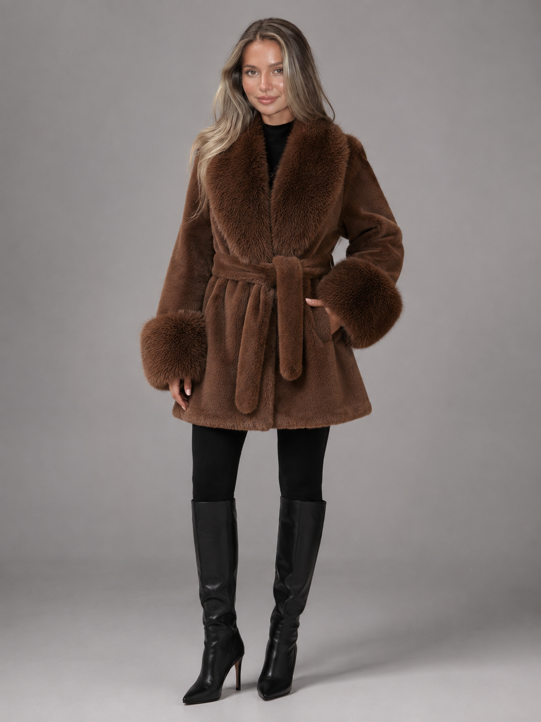 manteau femme à ceinture avec col en fausse fourrure, vue de dos avec modèle