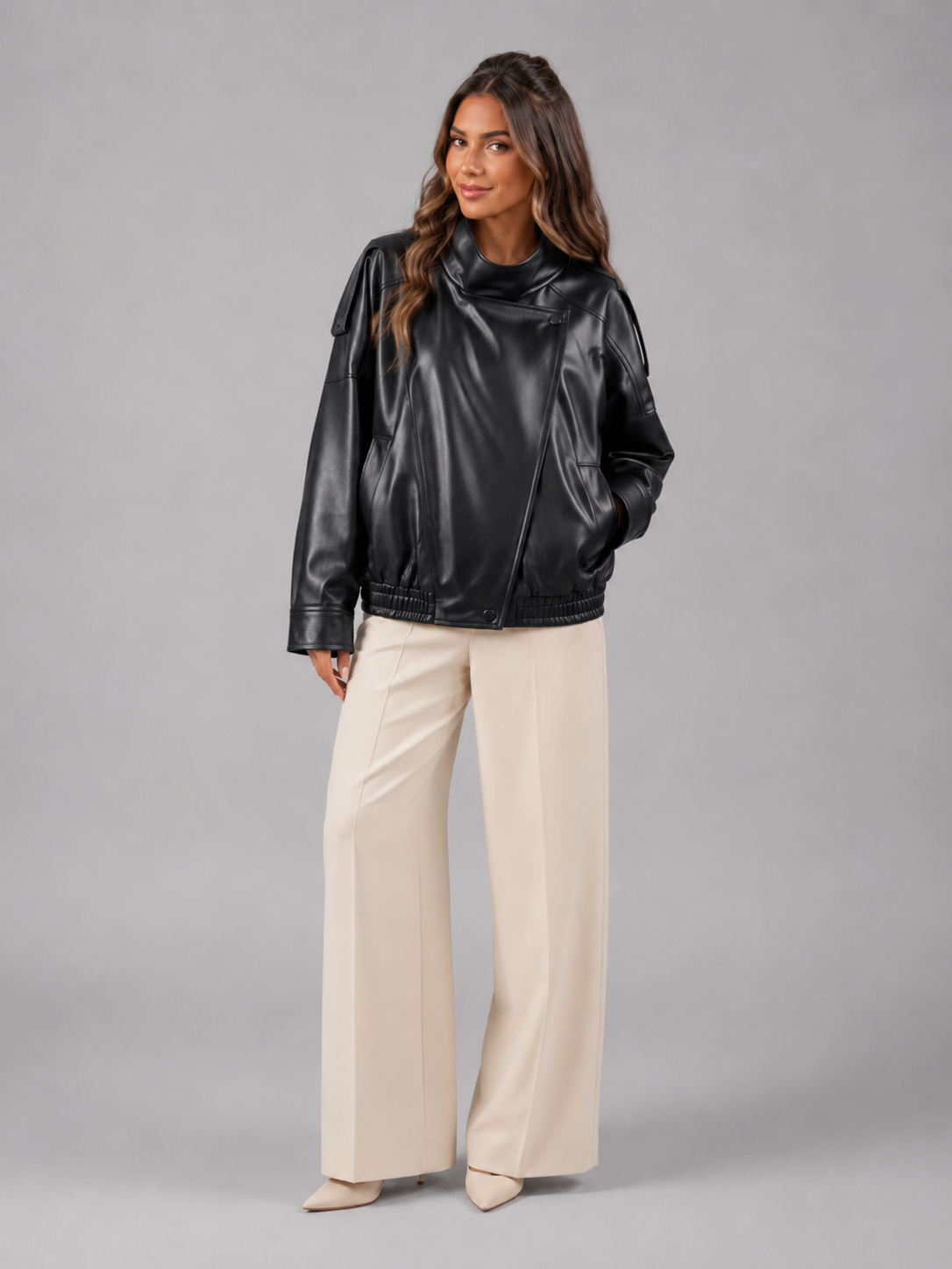 Veste bomber en cuir synthétique, couleur noire