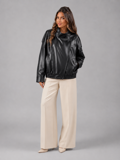 Veste bomber en cuir synthétique, couleur noire