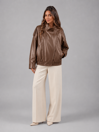 Veste bomber en cuir synthétique, couleur caramel