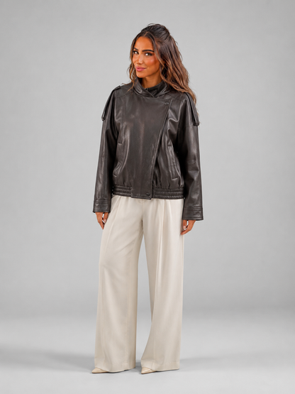 Veste bomber en cuir synthétique, couleur marron