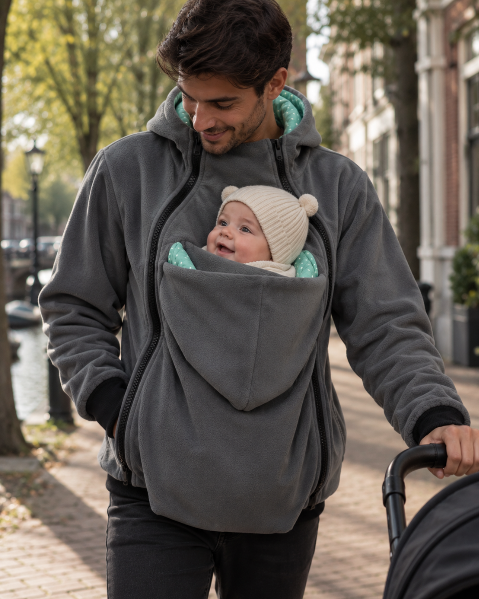 porte-bébé hoodie avec pochette intégrée, avec un enfant à l'intérieur