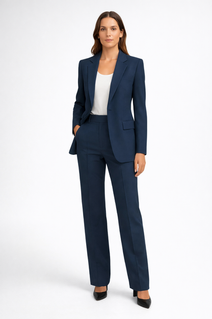 Ensemble tailleur femme avec blazer structuré et pantalon droit, vue de face