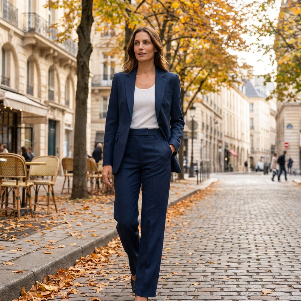 Gros plan sur les détails de confection du blazer et du pantalon