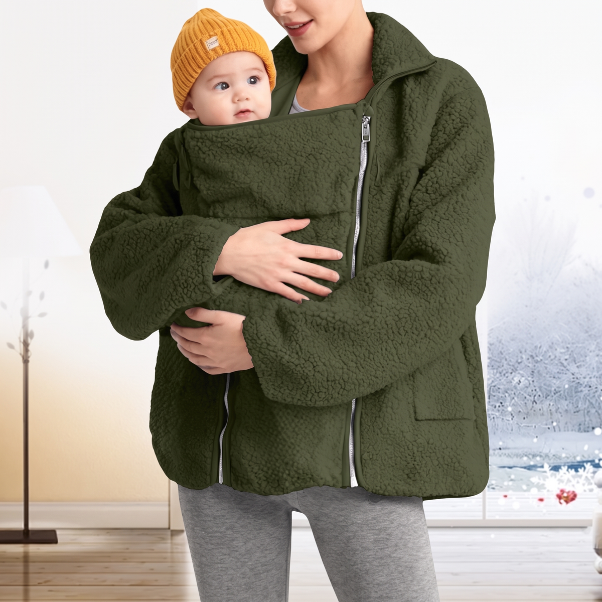 Veste de grossesse et de portage de bébé en fleece, modèle portant un bébé