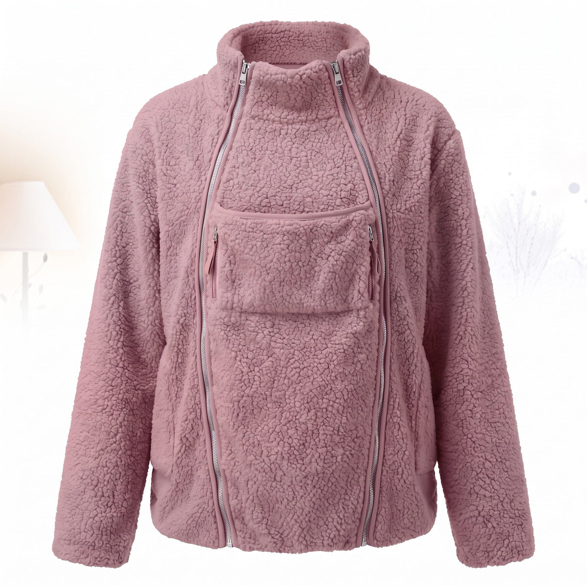 Veste de grossesse et de portage de bébé en fleece, modèle de face avec un bébé