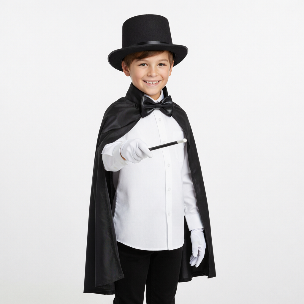 Ensemble costume de sorcier pour enfant avec chapeau pointu et cape, vue de face