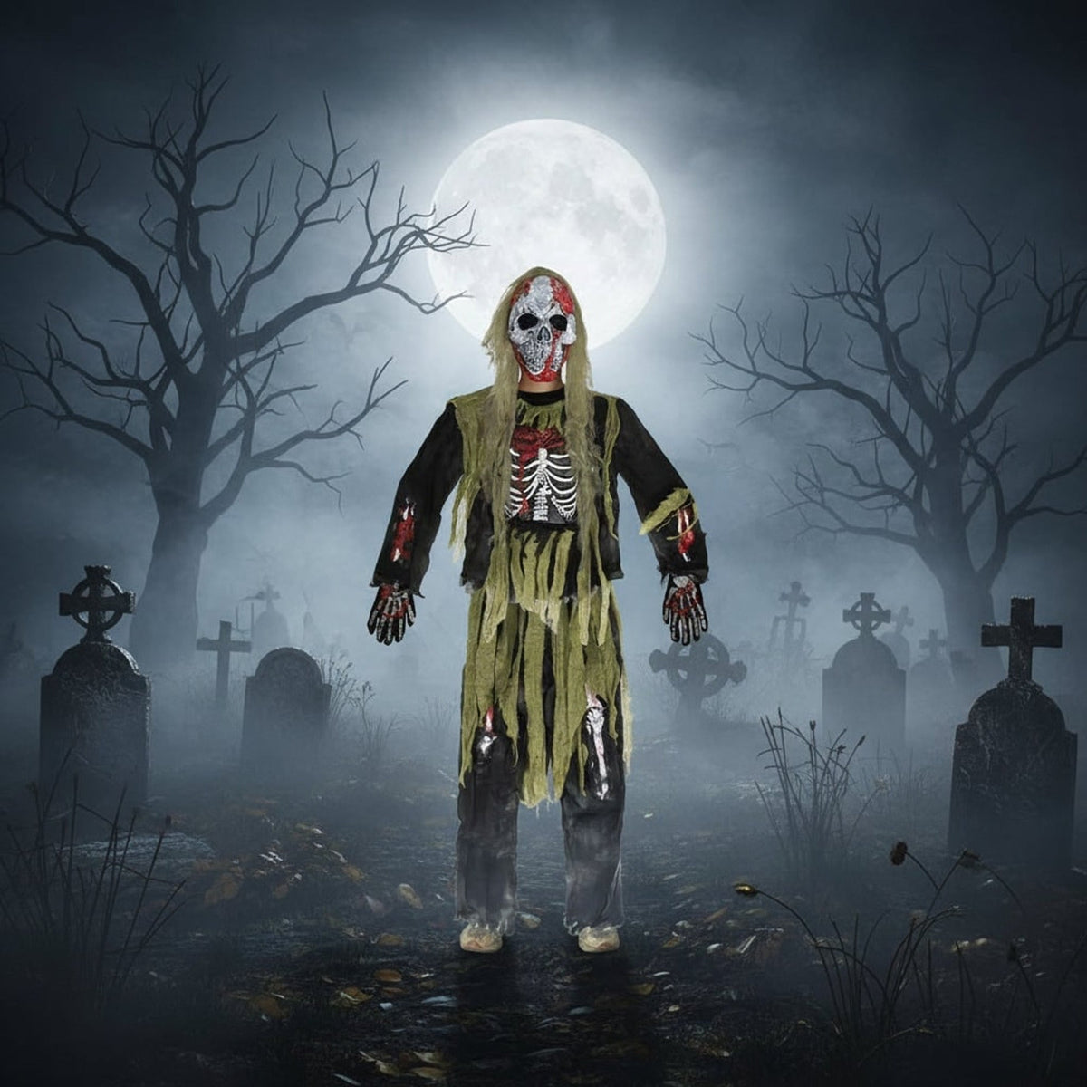 Costume de squelette zombie pour enfant, vue de dos