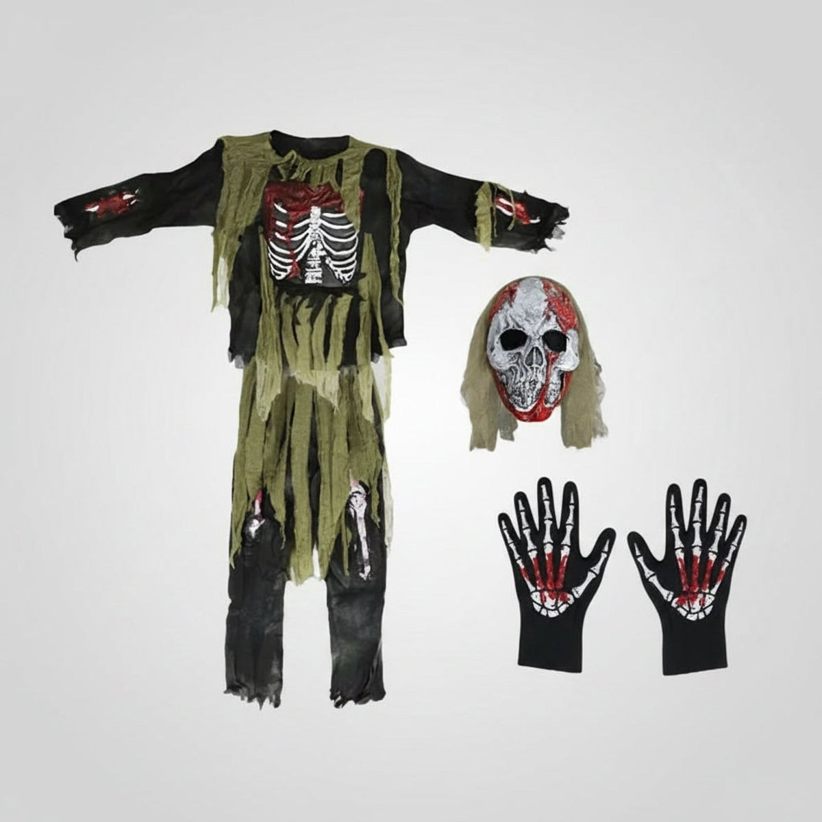Costume de squelette zombie, détail de l'imprimé cage thoracique